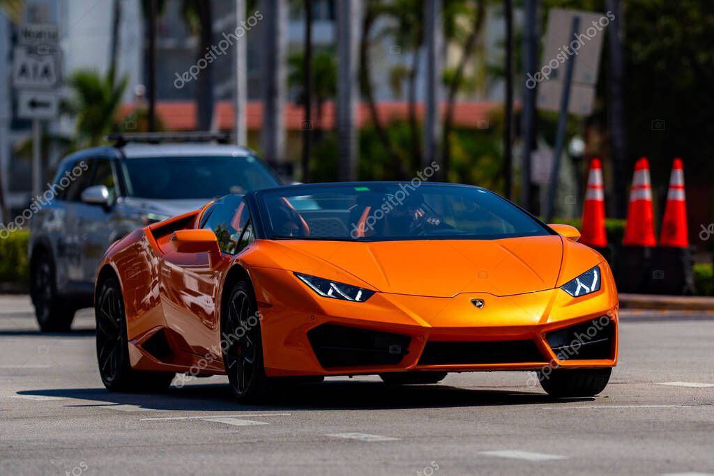 April 3, 2025. Miami. Lambo concept. Lamborghini sportscar on summer. Lamborghini supercar. Lambo design. Lamborghini Huracan sportscar. Supercar Lamborghini closeup. V12 engine. Luxury car