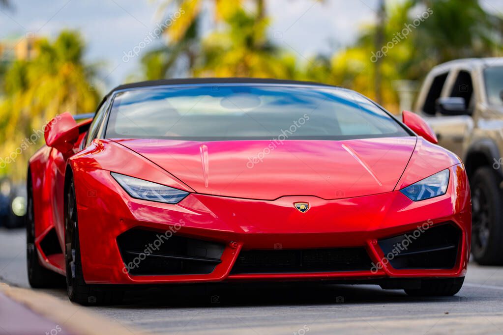 April 3, 2025. Miami. Lambo concept. Lamborghini super car on the city street. Lamborghini supercar. Lambo design. Lamborghini Huracan sport car. Supercar Lamborghini closeup. V12 engine. Luxury car