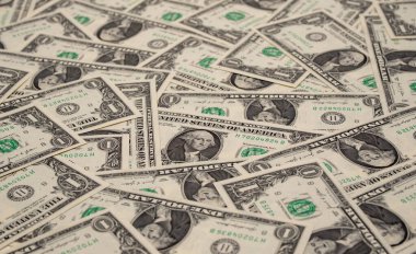 Dolar geçmişi. Finans için nakit dolar afişi. Dolar banknotları olan bir poster. Bir dolarlık banknot. Bütçe ve finansal tema. Kazanç ve finansman geçmişi. Dolar ile ödeme