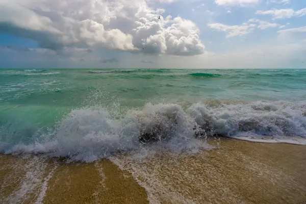 Kristal deniz kıyısı. Renkli deniz kıyısı suyu. Sıcak okyanus esintisi. Yaz sahili. Deniz arka planı. Mavi okyanus. Kumsal. Okyanus dalgaları. Yaz mevsimi. Tropik sahil şeridi. Köpüklü dalga sıçraması