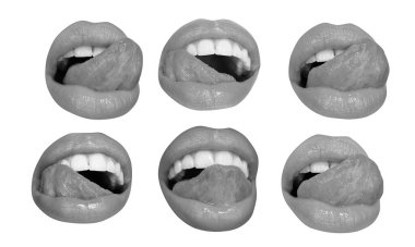 Sexy tongue and lips. Set of female lips on white isolated background, clipping path. Collection of mouth with red lip