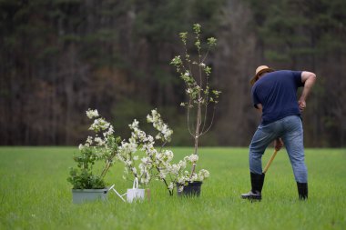 Bahçıvan toprağı kazıyor. Bahar tarlasında çalışan çiftçi. Bahçede kürekle çalışan bahçıvan. Kırsal bahçıvan arazi işliyor. Bahçedeki çiftçi bahçıvan. İşçi tohumu ekme