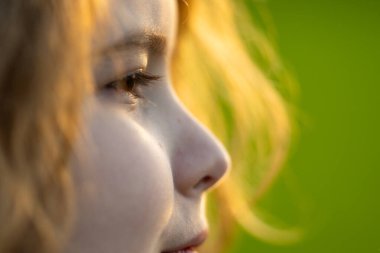 Sevimli sarışın çocuk suratı. Yaz tarlasında bir çocuk. Çocuk portresi, yakın plan. Çocuk özgür ve kaygısız. Çocukların özgürlüğü. Çocuklar yüz yüze rüya görüyor.