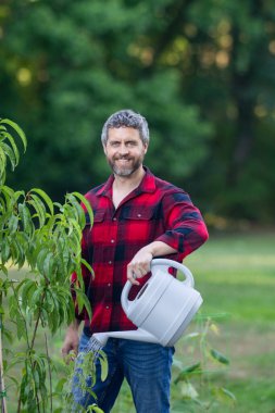 Bahçede bitki yetiştiren çiftçi. Evin arka bahçesinde tarım ağacı var. Sulama kabı olan adam. Kürekle bahçıvanlık. Ev bahçesi yetiştiriciliği. Meyve ağaçlı bahçe. Olgun çiftçi ağaç dikiyor.