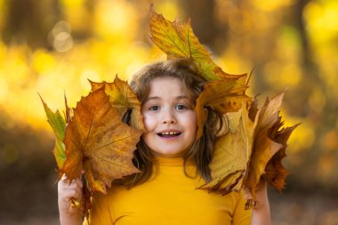 Akçaağaç yapraklı çocuklar arka planda. Sonbahara yakın bir çocuk güneş ışığında yapraklarını döküyor. Sonbahar sonbahar parkında küçük bir çocuk. Çocuklar ve yapraklar, dökülen yapraklar. Sonbahar yaprağı hamile. Düşen çocuklar