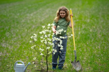 Çocuk dışarıda ağaç dikiyor. Bitkilerin bahar etkinliği. Çocuk kürek ve su bidonuyla çalışıyor. Çocuk meyve ağacı dikmiş. Bahçıvan çocuklar. Çocuk yetiştirme bitkisi ve ağaç bakımı