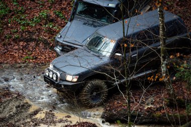 04 numara. - 30. 2025, Karpatlar. Off-road SUV dağların içinden geçiyor. Toprakta off road. Dağlar ve off-road için patikalar. Aşırı off-road sürüşü. 4x4 araçlı motorlu keşif gezisi. Offroad gezisi