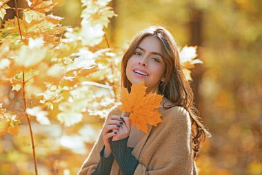 Mutlu genç bayanın güz yüzü. Sonbahar güz döneminde gülümseyen kadın. Düşen yaprakları olan güzel kız. Sonbahar modeli ve sonbahar yaprağı. Güzel mutlu kızın sonbahar portresi