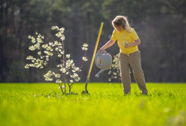 Bahçede ağaç yetiştiren bir çocuk. Çocuk kürekle toprak kazıyor ve ağaç dikiyor. Çocuk bahçıvan meyve ağaçları yetiştiriyor. Çocuklarla ağaç yetiştirmek. Çocuklar için bahçe işleri. Kürekli çocuk ağaç yetiştiriyor.