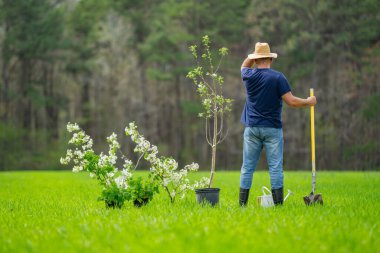 Çiftçi olgun adam ağaç dikiyor. Baharın arka bahçesinde bitki yetiştiren çiftçi. Bahar çiftliğinde çalışan çiftçi. Pınar tarlasında çalışan çiftçi. Toprak ekme hazırlığı. Çimlere ağaç dikiyorum.