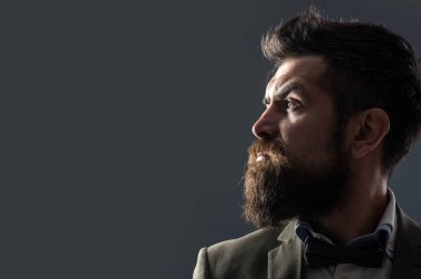 Sakallı adam. Sakallı ve bıyıklı şık bir hippi portresi. Yakından, sakallı, ciddi bir erkek yüzü. Eski moda berber dükkanı. Moda erkek sakalı ve bakımlı sakal. Berber dükkanı. Uzun sakal