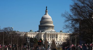 Washington, DC 'de. Meclis Binası. Capitol simgesi. Amerikan demokratik sisteminin Meclis Anıtı. Gökyüzü arka planındaki Capitol Kubbesi. Washington, D.C. Amerikan Başkenti