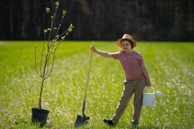 Bahar bahçesi. Çocuk kürekle toprak kazıyor. Bahçesinde ağaç bitkileri olan bir çocuk. Bahçede çalışan çocuklar. Büyüyen meyve ağacı. Bahçe aletleri. Çocuk bahçıvanlığı. Bahçe işliyorum. Çocuk dikme ağacı