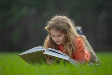 Çimlerin üzerinde kitap okuyan bir çocuk. Çocuk açık havada kitap okumaktan zevk alıyor. Güneşli bir günde çayırda kitapla ders çalışan bir çocuk. Doğada öğrenme. Okul çocuğu parkta kitap okuyor.