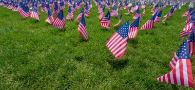 USS bayrak geçmişi. Amerikan bayrağı dalgalanıyor. 4 Temmuz 'da kutlama. Bağımsızlık Günü. Çimlerin üzerinde Amerikan bayrakları. Amerikan bayrağı. Anma Günü. Amerikan bayrakları. Parkta Birleşik Devletler bayrakları