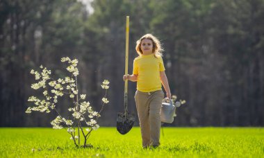 Bahçede çalışan bir çocuk. Çevre için büyüyen ağaç ve bakım bitkisi. Ekim mevsimi. Bitki yetiştiren bir çocuk. Bahçe işleri. Meyve sulayan çocuk. Çocuk dikme ağacı. Bahar günü