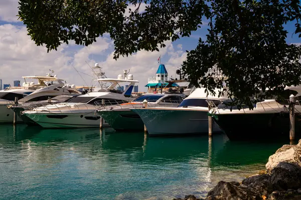 Deniz sularında yelken açmak. Denizde lüks bir yat. Yatları olan Miami Plajı. Yelkenli tropik deniz manzarası. Sahil şeridine yakın bir gemi turu. Florida 'da gün batımı yat yolculuğu. Lüks yat.