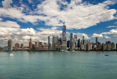 New York City 'nin havadan silueti, ABD. New York silueti. New York Panoraması. New York gökdelenleri. Manhattan 'da güzel manzara, New York' ta Empire State Binası. New York Times Binası