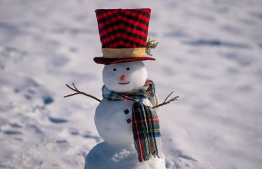 Kar zeminde kardan adam. Kış tatili sahnesi. Atkısı ve şapkası olan kardan adam. Kar tasarımı. Dışarıda mutlu kardan adam var. Kar pankartı. Buz gibi kardan adam. Kış tebrik kartı. Tatlı kardan adam.
