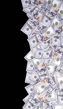 Money frame with dollars bills and copy space for text. US dollars currency and banknotes. 100 USD notes forming a border for design. American dollars for copy space text. Cash and dollar bills design