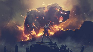 man with a flamethrower fighting with a demon bear, digital art style, illustration painting clipart