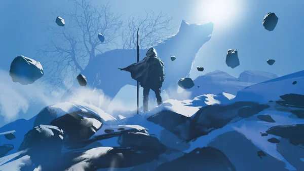 Чоловік Капюшоні Списом Обличчям Гігантського Зимового Вовка Стиль Цифрового Мистецтва — стокове фото