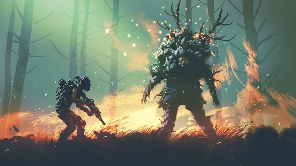 未来派士兵在森林里猎鹿怪物 数码艺术风格 插图绘画 — 图库照片