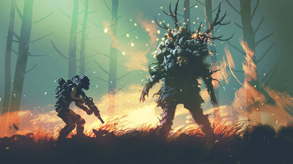 Futuristic soldier hunting a deer monster in the forest, digital art style, illustration painting