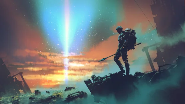 futuristic man standing and looking at the sky with a strange beam of light., digital art style, illustration painting