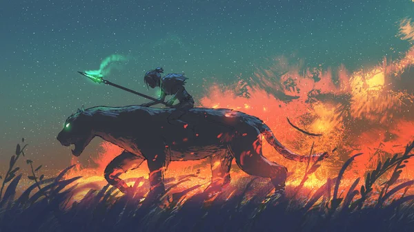 Boy Riding Back Panther Fire Meadow Digital Art Style Illustration Obrazek Stockowy