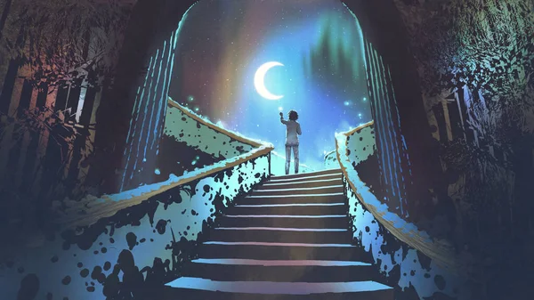 Young Woman Standing Fantasy Staircase Reaching Small Star Sky Digital Obrazek Stockowy