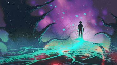 man walks on a green path of light in a fantasy land, digital art style, illustration painting
