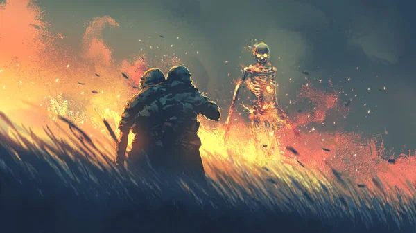 Soldier Carries His Teammate Field Encountering Fire Skeleton Digital Art — 스톡 사진