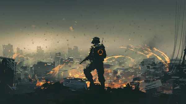 Soldier Gun Standing Ruins Destroyed City Digital Art Style Illustration Obrazek Stockowy