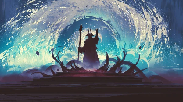 Wizard Conjure Huge Water Vortex Background Digital Art Style Illustration Zdjęcie Stockowe