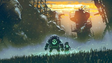 robot and little girl standing on the field looking at the ruins of an abandoned city, digital art style, illustration painting