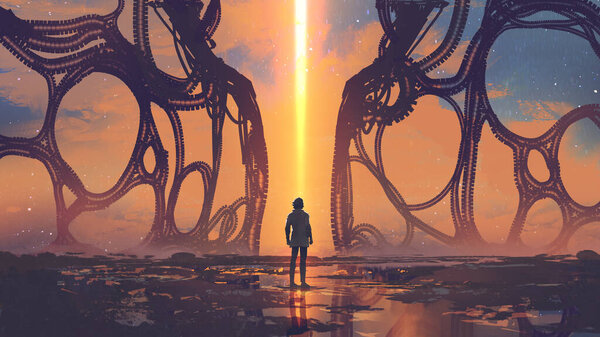 man standing in the middle of a corridor with futuristic patterned walls, digital art style, illustration painting