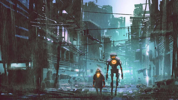 Dwa Roboty Spacerujące Ulicach Opuszczonego Futurystycznego Miasta Deszczowy Dzień Cyfrowy Obraz Stockowy