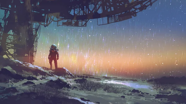 Kosmonauta Stojącego Pod Futurystycznym Budynkiem Patrzącego Nocne Niebo Cyfrowy Styl Zdjęcia Stockowe bez tantiem