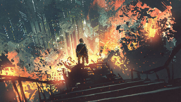 futuristic man standing on a large pile of scrap metal pieces, digital art style, illustration painting