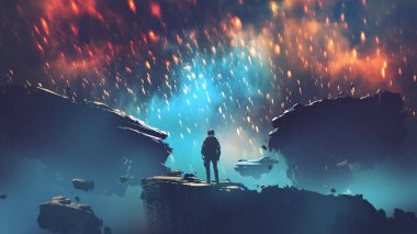 Yüzen kayanın üzerinde duran adam gökyüzüne ateş toplarıyla, dijital sanat tarzıyla, resimle dolu resimlerle bakıyor.