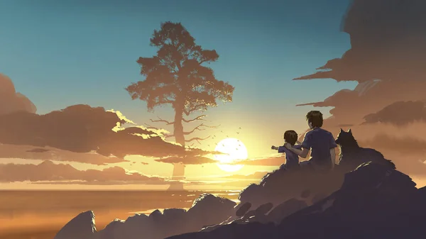 兄弟と犬は岩の上に座って 日没で非常に背の高い木を見て デジタルアートスタイル イラスト絵画 — ストック写真