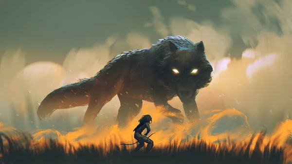 Мисливець Бантом Зверненим Гігантського Вовка Пожежному Лузі Стиль Цифрового Мистецтва — стокове фото