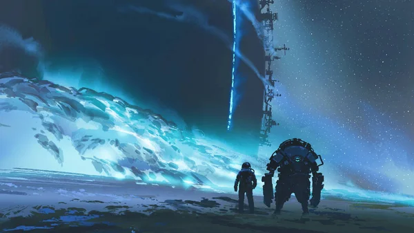 Космонавт Робот Пути Огромной Структуре Частично Покрытой Светящимся Голубым Песком — стоковое фото