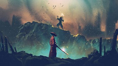 Scene of two samurais in duel on the cliff, digital art style, illustration painting clipart