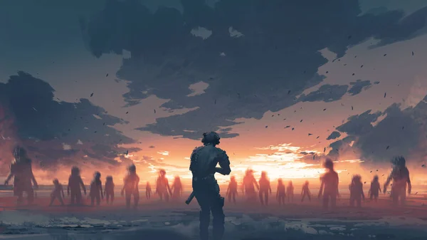 生き残った兵士はビーチで幽霊の群衆に直面してデジタルアートスタイルイラスト絵画 — ストック写真