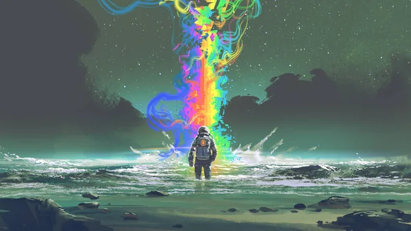 Man Looking Strange Rainbow Light Rise Front Him Digital Art — Stock Photo, Image