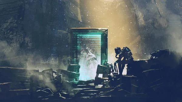 Футуристичний Чоловік Який Охороняє Розмірні Ворота Покинутому Місці Стиль Цифрового — стокове фото
