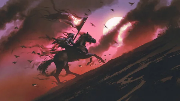 黒い馬を連れたクロークの男が旗を振り象徴やデジタルアートスタイルイラストの絵を描く — ストック写真