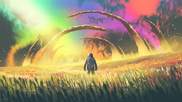 Astronaut Flower Meadow Colorful Night Sky Digital Art Style Illustration — Stock Photo, Image